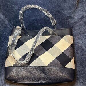 Talbots Navy & White Gingham Tote bag with Leather Trim